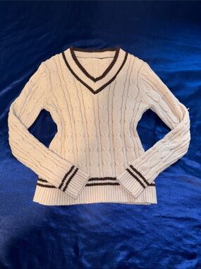 SHEIN Cream Cable-Knit V-Neck Sweater with Brown Trim